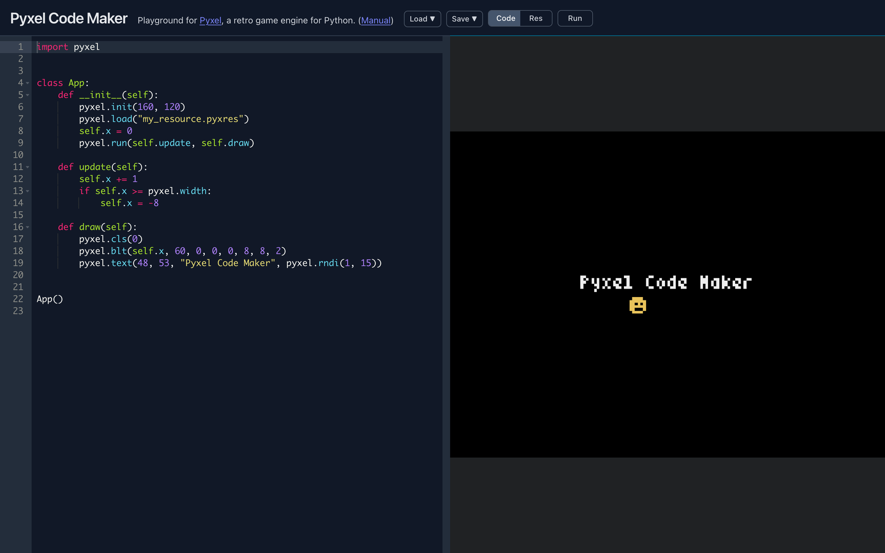 Pyxel Code Maker の画面。左にPythonのコード、右で実行中