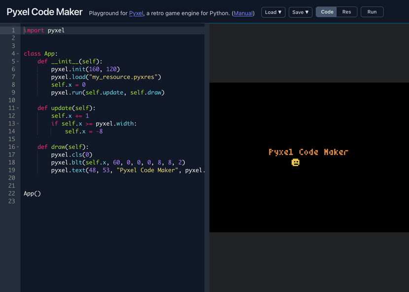 Pyxel Code Maker の画面。左にPythonのコード、右で実行中