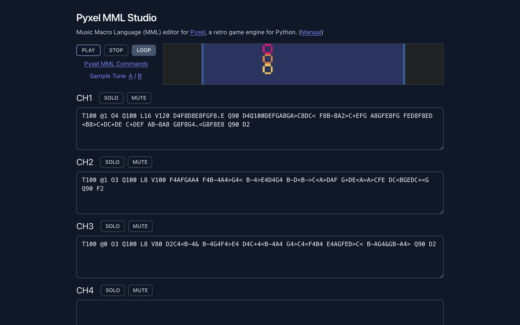 Pyxel MML Studio の画面。3チャンネルぶんのMMLが入り、再生中