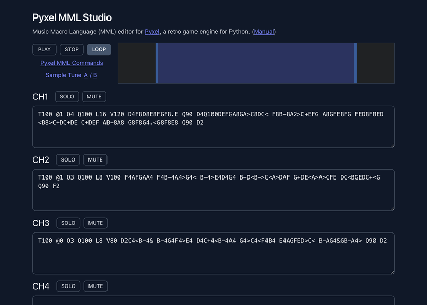 Pyxel MML Studio の画面。4チャンネルぶんのMMLが入り、再生中