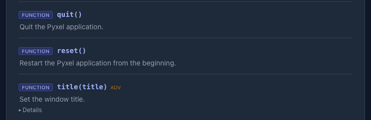 APIリファレンスの一覧。title() には ADV の印が付いている
