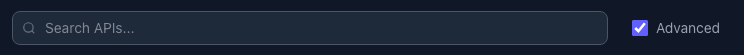 Pyxel APIリファレンスの検索欄。右に Advanced のチェックボックスがある