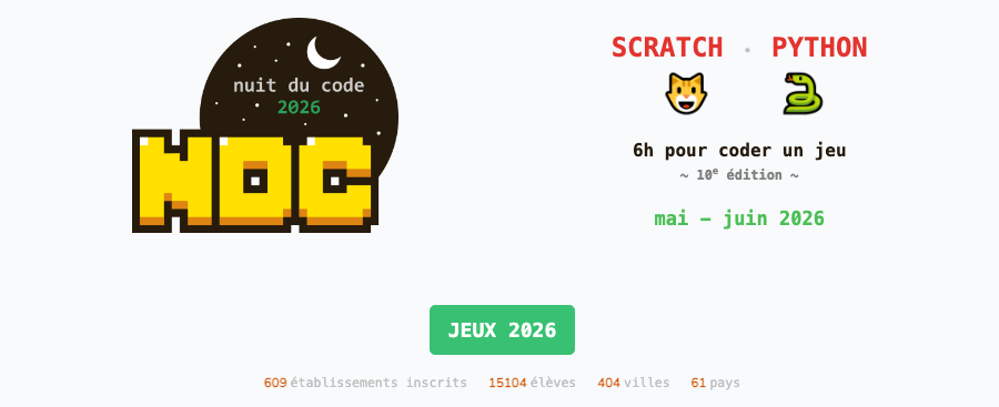 Nuit du Code 公式サイト。参加数と、Python側の「préparer et faire la NDC avec Pyxel Studio」が読める
