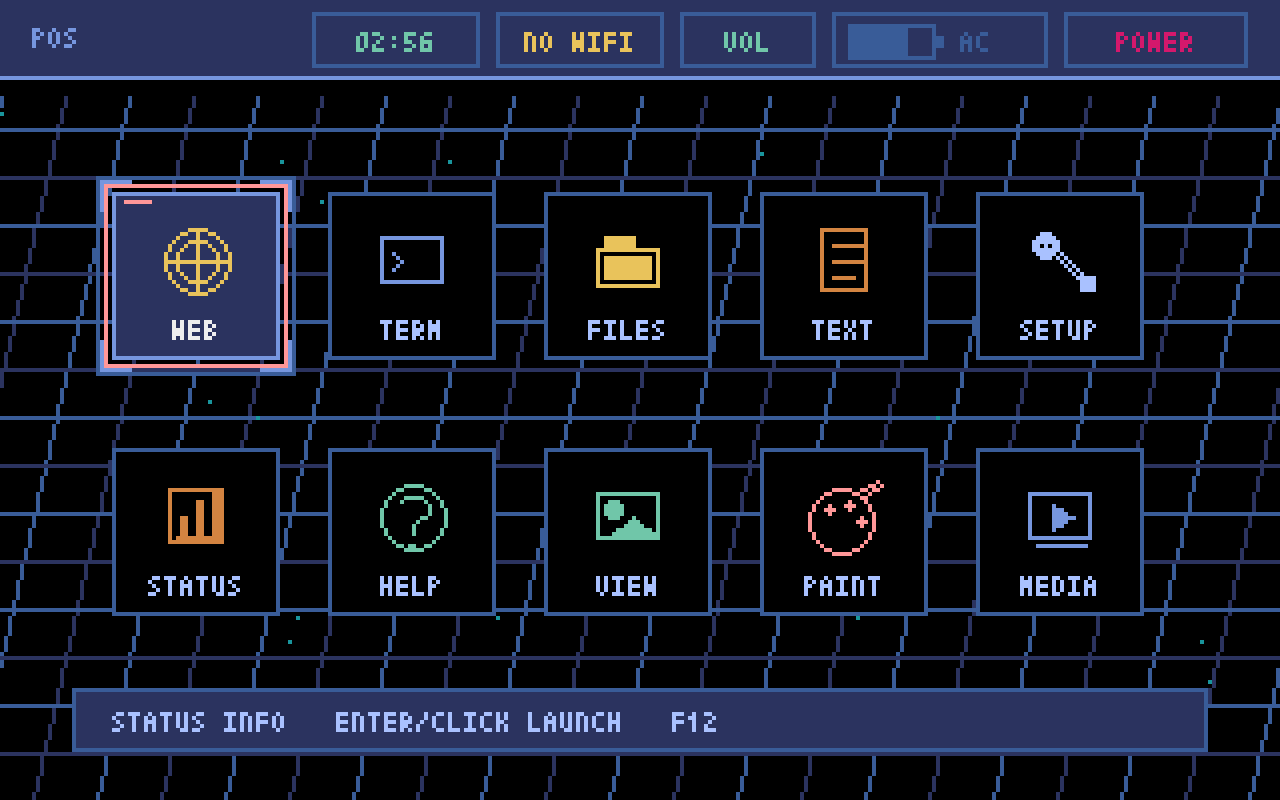 小型PCのホーム画面。WEB・TERM・FILESなどのアイコンが並ぶ